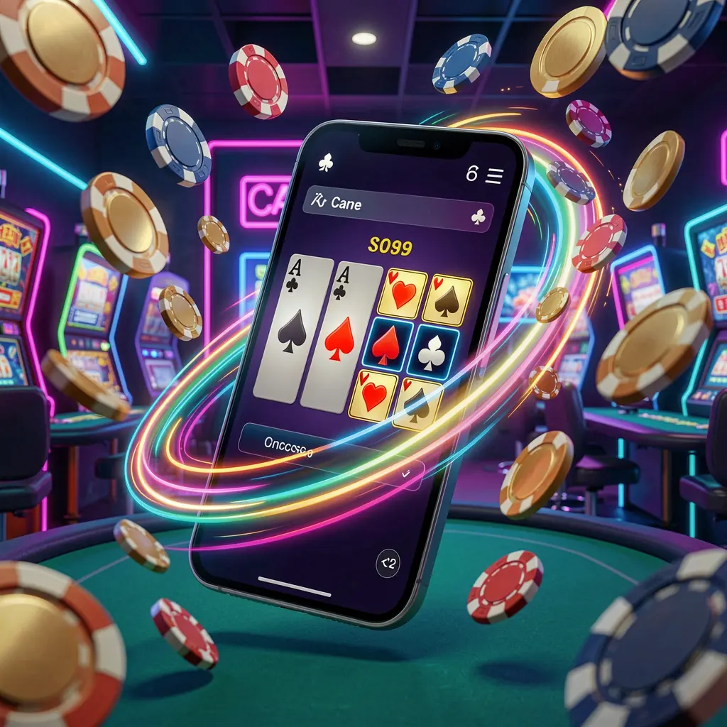 G044 fast casino app access visual showing a smartphone with speed light trails, coins and chips flying around against a modern neon casino background in a dynamic 3D render