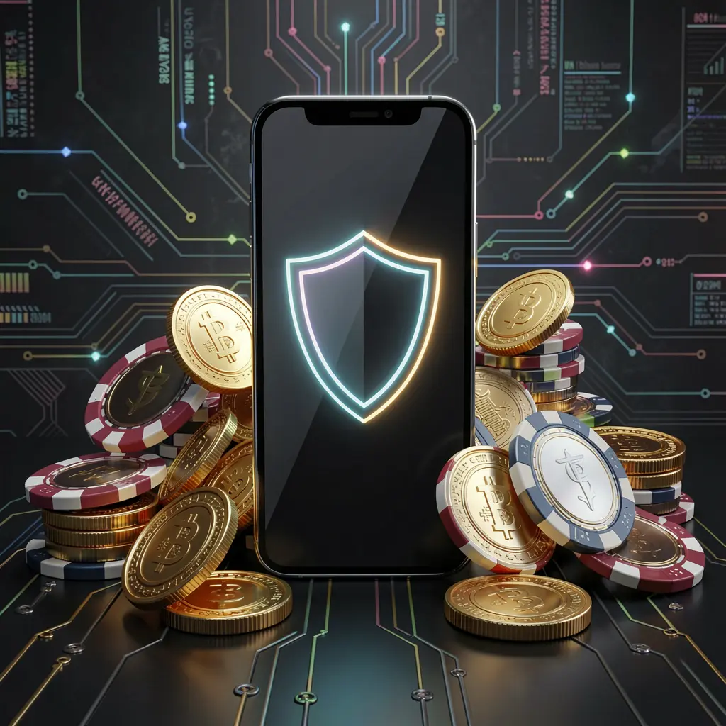 G044 secure mobile casino app concept showing a smartphone with a glowing shield icon surrounded by golden coins and chips against a dark luxury cyber background