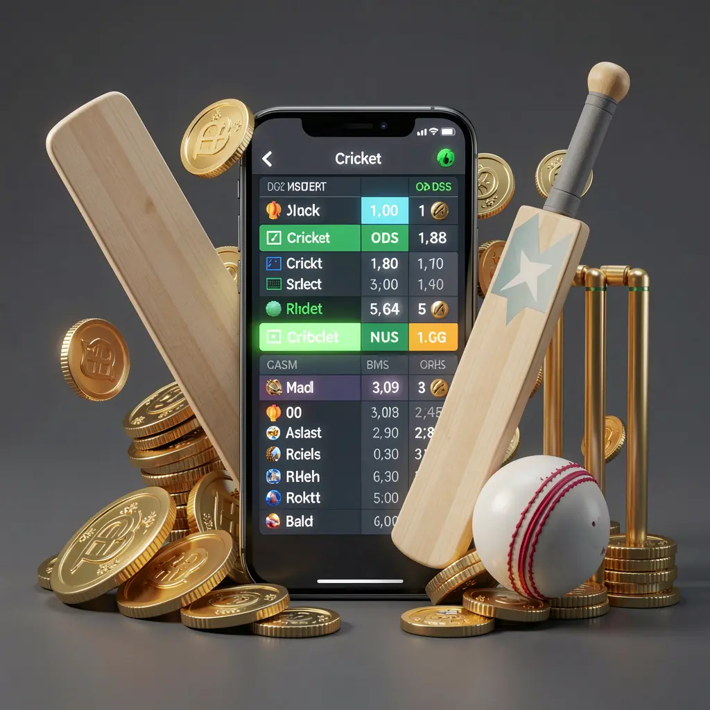 G044 modern cricket betting visual featuring a smartphone with glowing cricket odds interface surrounded by a cricket bat, ball, wickets, and golden coins in a premium 3D illustration