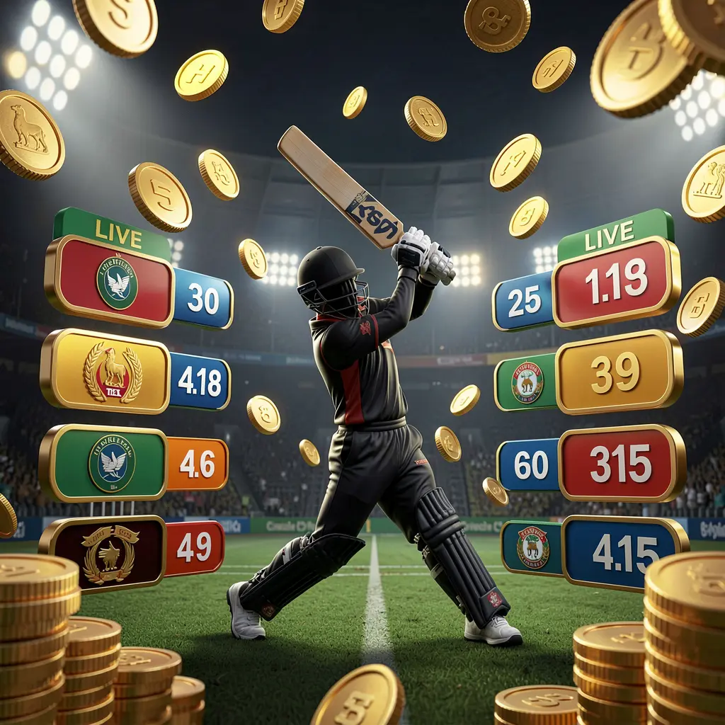 G044 live cricket odds visual featuring a cricket player silhouette batting under stadium lights with floating odds graphics and golden coins on a premium dark sports background in a realistic 3D render