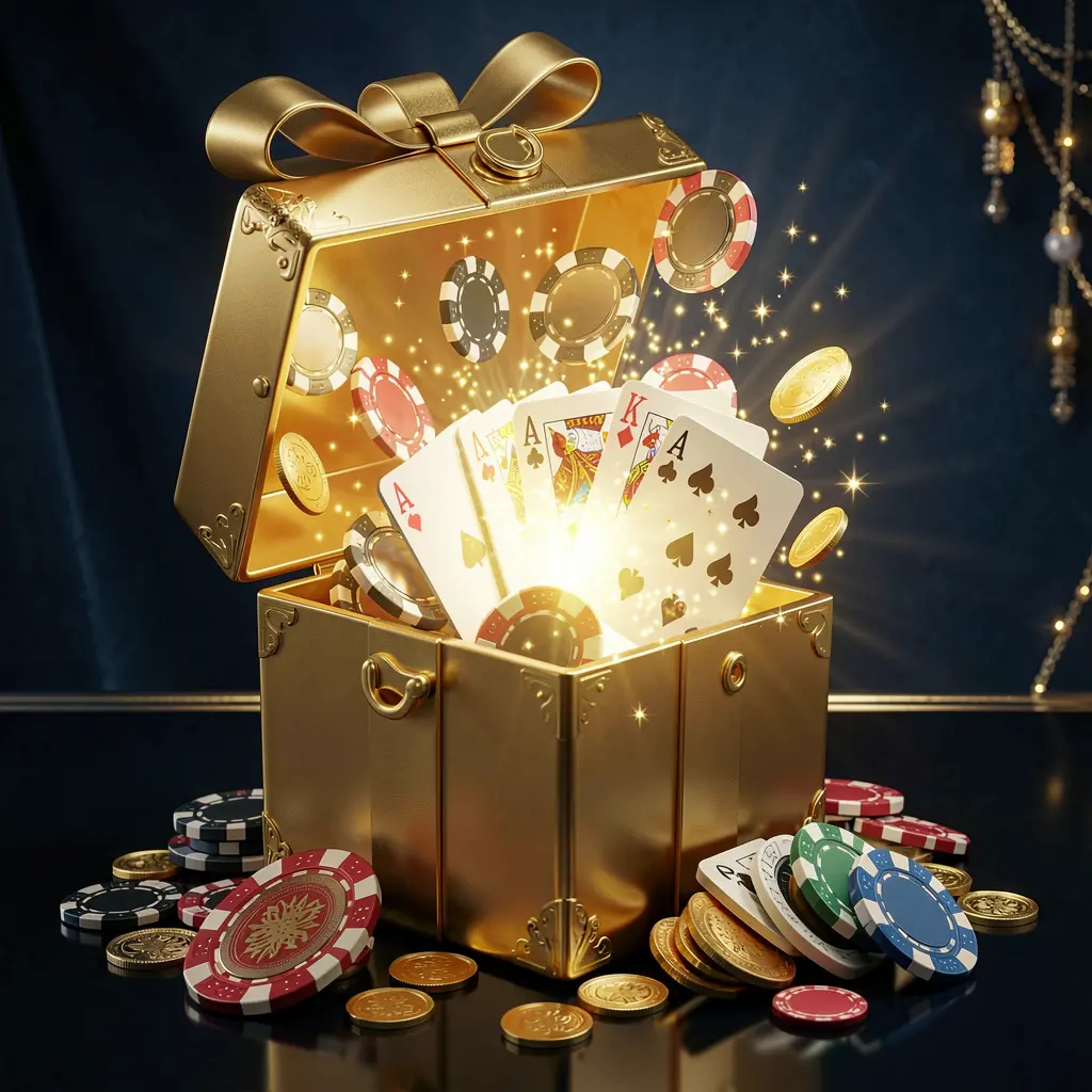 G044 luxurious welcome bonus scene with an open golden gift box bursting with casino chips, playing cards, and sparkling coins against a premium dark blue and black background in an elegant festive mood