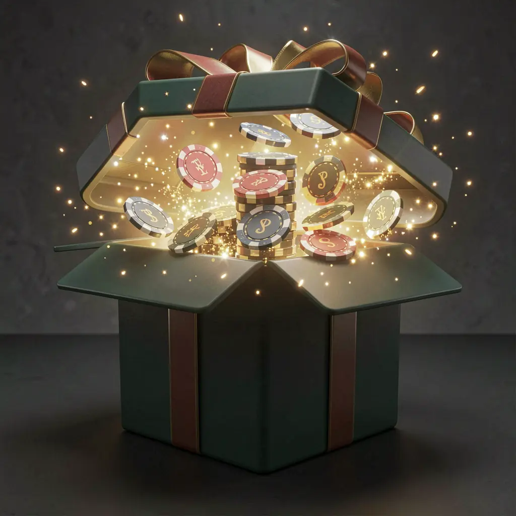 G044 no deposit bonus visual featuring free casino chips emerging from a glowing gift box with magical sparkles on a dark premium background in a realistic 3D render