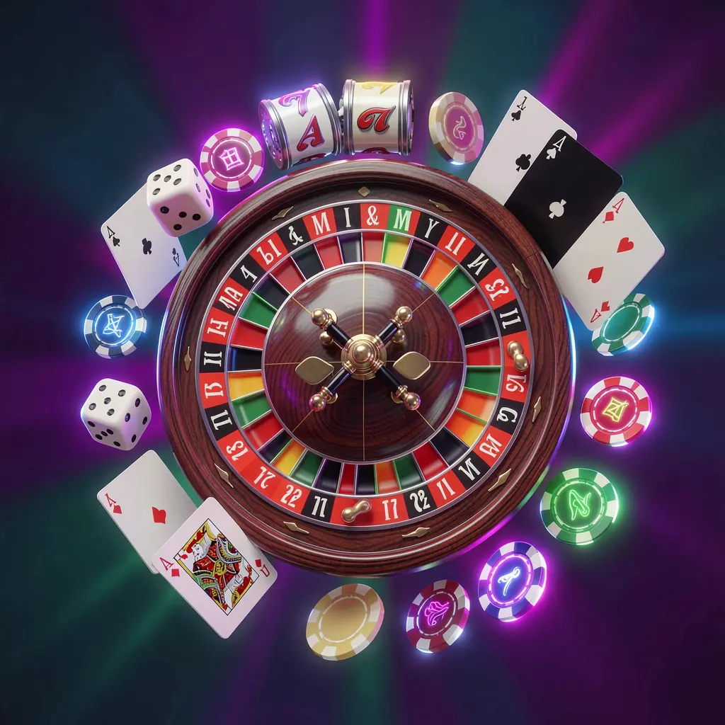 G044 online casino games collection featuring a neon glowing roulette wheel, blackjack cards, dice, slot symbols, and poker chips floating together in a premium 3D render G044 online casino games collection featuring a neon glowing roulette wheel, blackjack cards, dice, slot symbols, and poker chips floating together in a premium 3D render