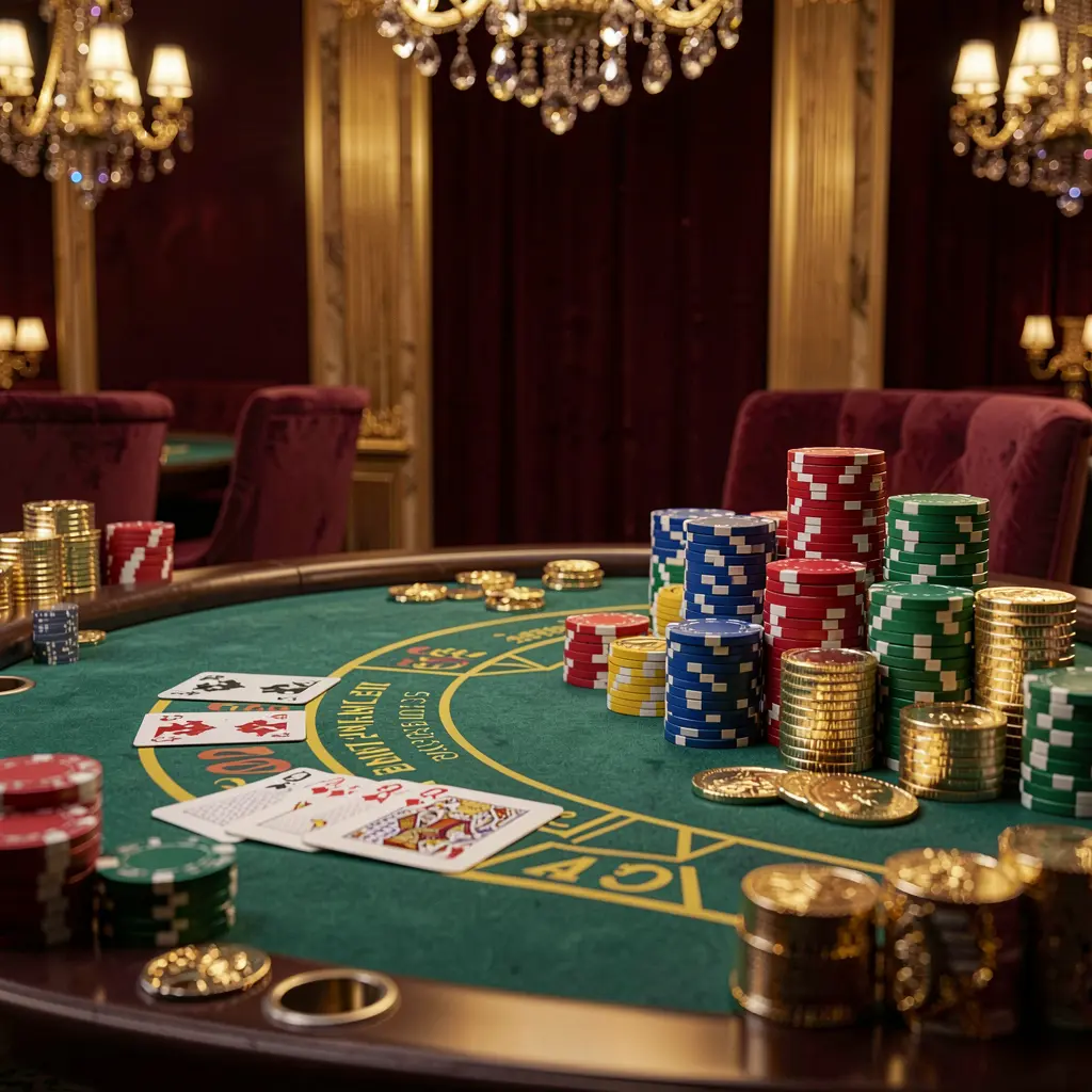 G044 luxury casino atmosphere featuring a blackjack table with poker cards, stacks of chips, and sparkling coins against a dark red and gold background in a cinematic realistic render G044 luxury casino atmosphere featuring a blackjack table with poker cards, stacks of chips, and sparkling coins against a dark red and gold background in a cinematic realistic render