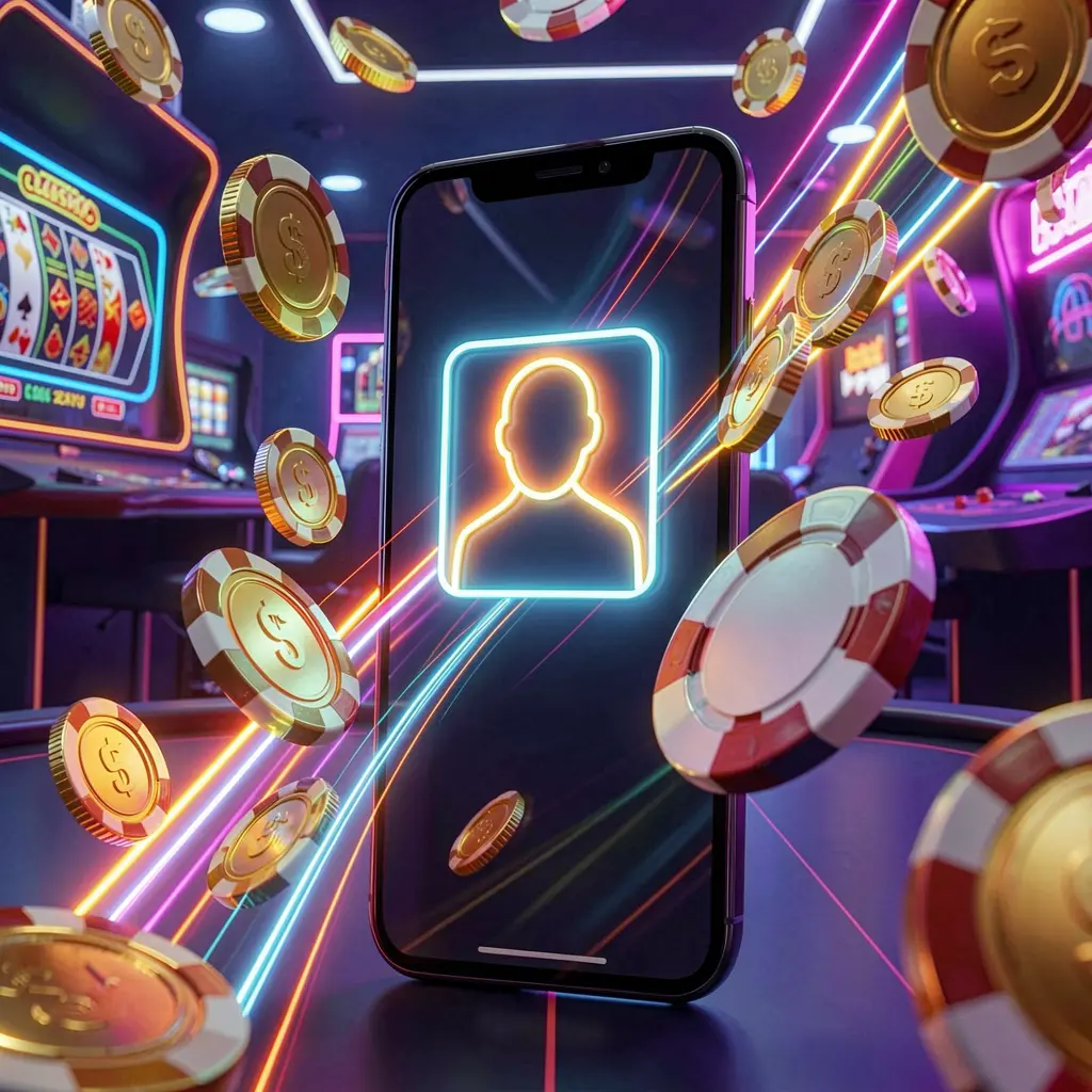 G044 fast casino login banner featuring a smartphone with a bright user icon surrounded by speed light trails, golden coins, and chips flying around in a modern neon casino style 3D render