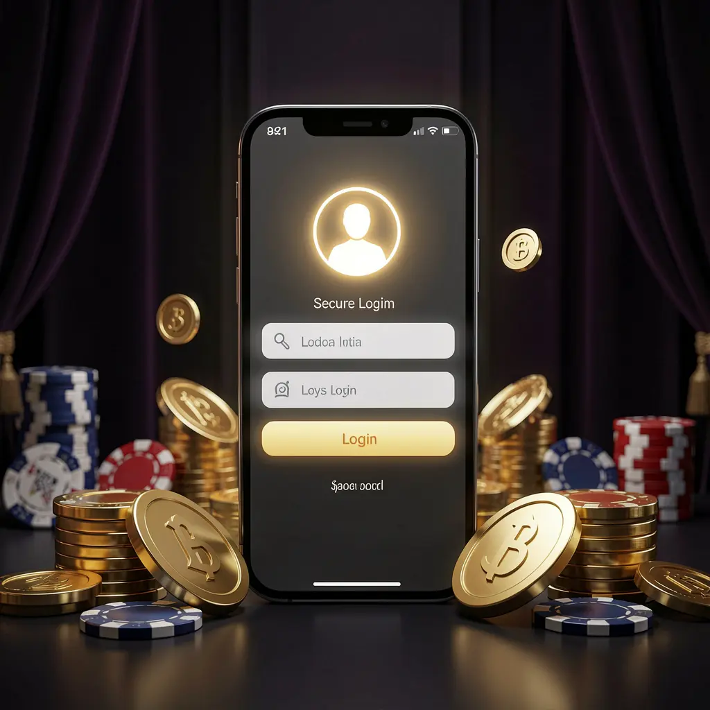 G044 online casino login page hero banner featuring a modern smartphone with secure login screen, glowing user profile icon, golden coins and poker chips on a dark luxury background