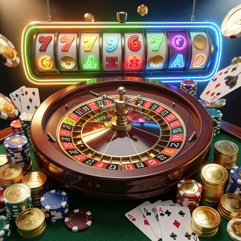 G044 casino homepage visual featuring a realistic 3D render of a roulette wheel, poker chips, cards, golden coins, and jackpot lights with bright neon glow in a dynamic composition G044 casino homepage visual featuring a realistic 3D render of a roulette wheel, poker chips, cards, golden coins, and jackpot lights with bright neon glow in a dynamic composition